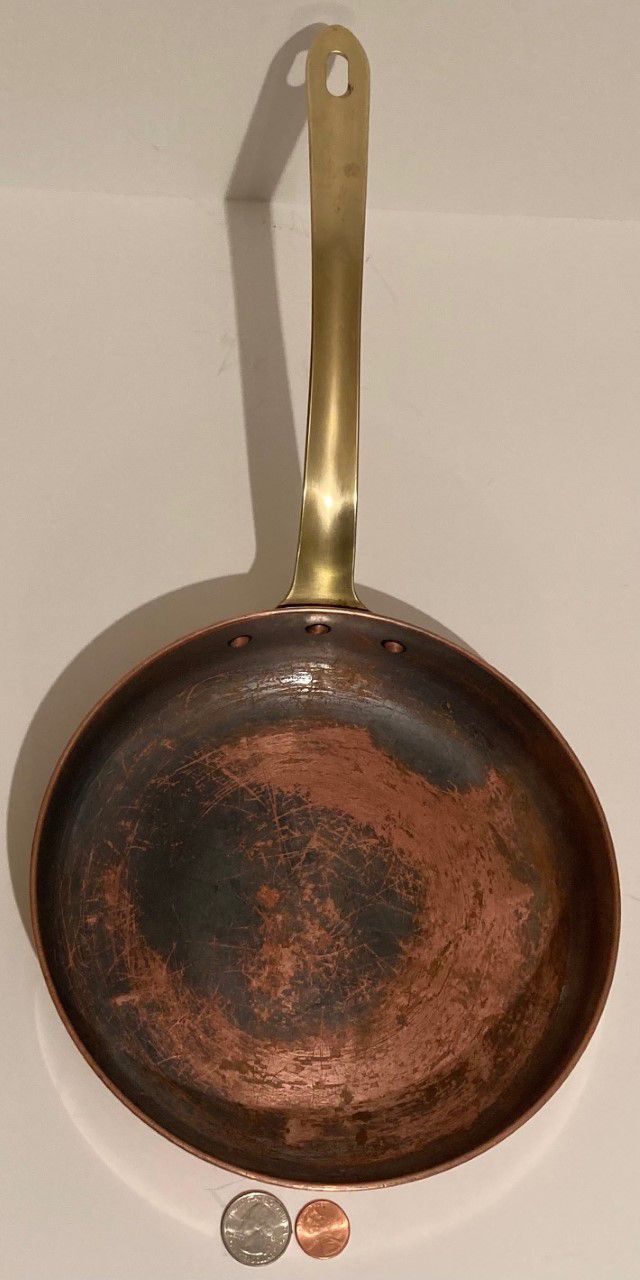 Vintage Copper and Brass Frying Pan, Sauce Pan, 16" Long and 8" Pan Size, Made in Portugal, Quality, Dawn Design, A Few Dings, Cooking Pan, Kitchen