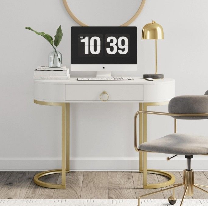 Elegant White and Gold Oval Office Home Table Desk
