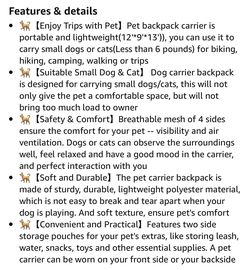 Dog Carrier Backpacks for Small Dogs, Cat Backpack with Breathable Mesh Ventilated Design Thumbnail
