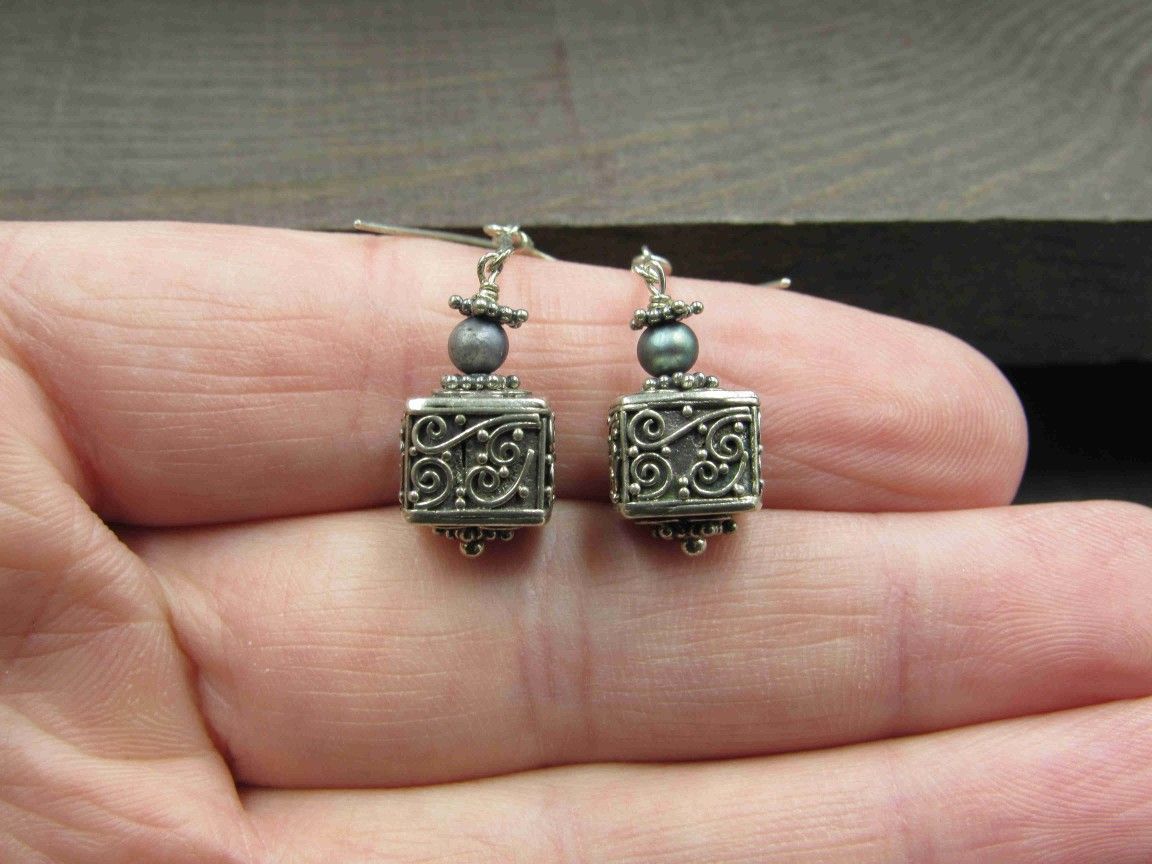 Sterling Silver Ornate Design Box & Pearl Accent Earrings Vintage Wedding Engagement Anniversary Beautiful Everyday Minimalist Cute