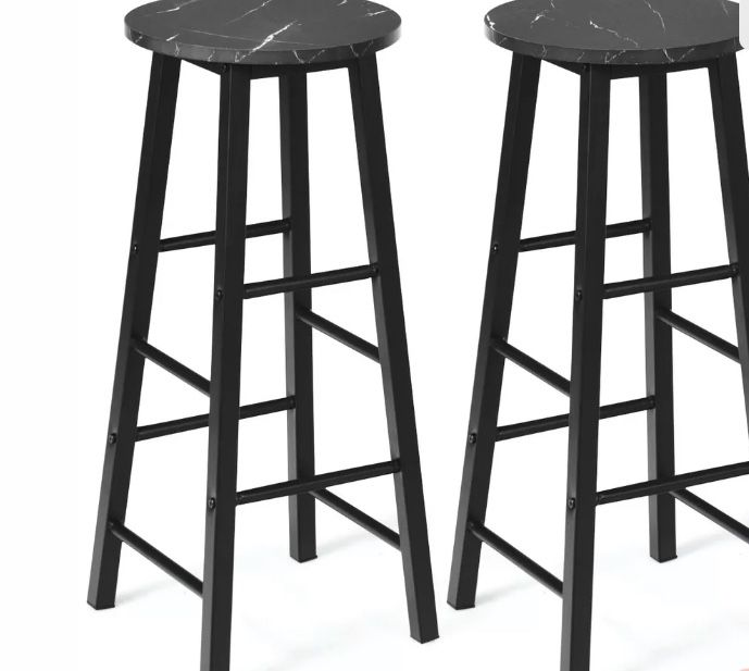 Set of 2 Pub Dining Height Bar Stool Bistro Table Chairs Faux Marble Top Black
