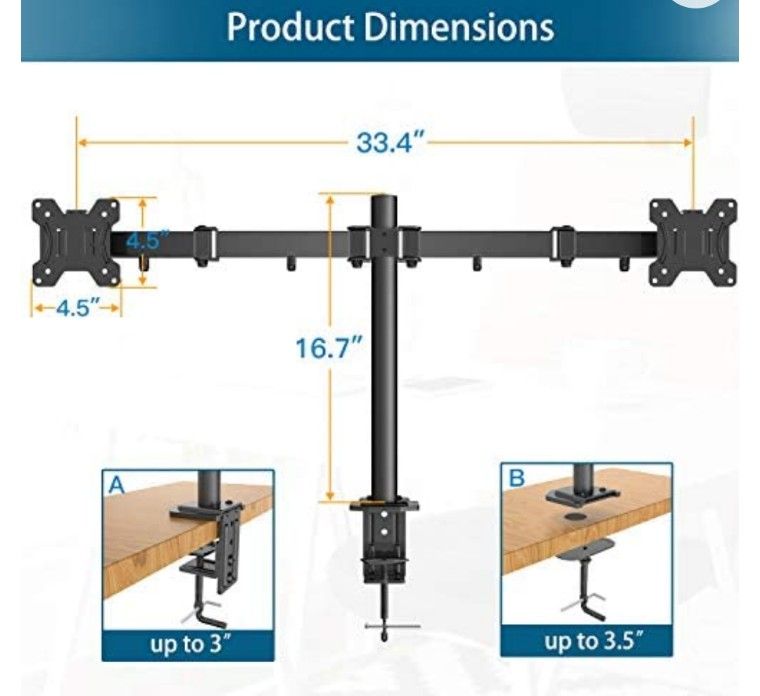 Double Monitor Stand - Dual Monitor Mount Desk Arm with C Clamp, Grommet Mounting Base for Two 13-27 Inch LCD Computer Screens - Each Holds up to 17.6