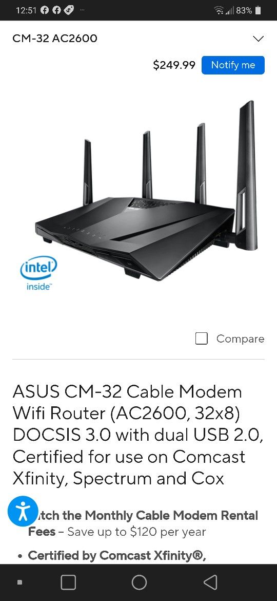 ASUS AC2600 DOCSIS 3.0 Wireless Cable Modem / Router - Xfinity / Comcast / Spectrum / Etc! (NEW OPEN BOX!) CM-32 MSRP $249