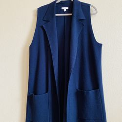 Dark blue long, Knitted, sleeveless cardigan , size L Thumbnail