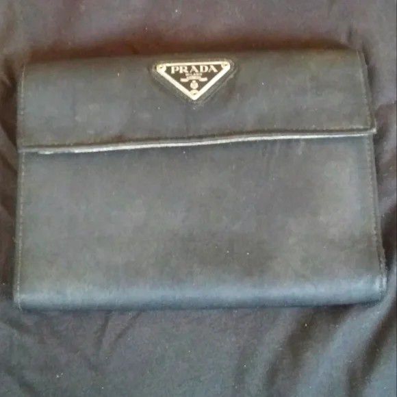 Authentic Prada milano black nylon leather silver wallet triangle tessuto