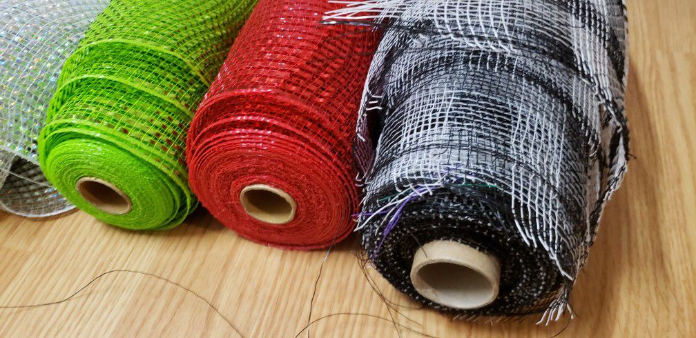 9 Rolls Of Deco Mesh Ribbon 21 in X 30 Feet Blue Red Silver  Green Black And White 