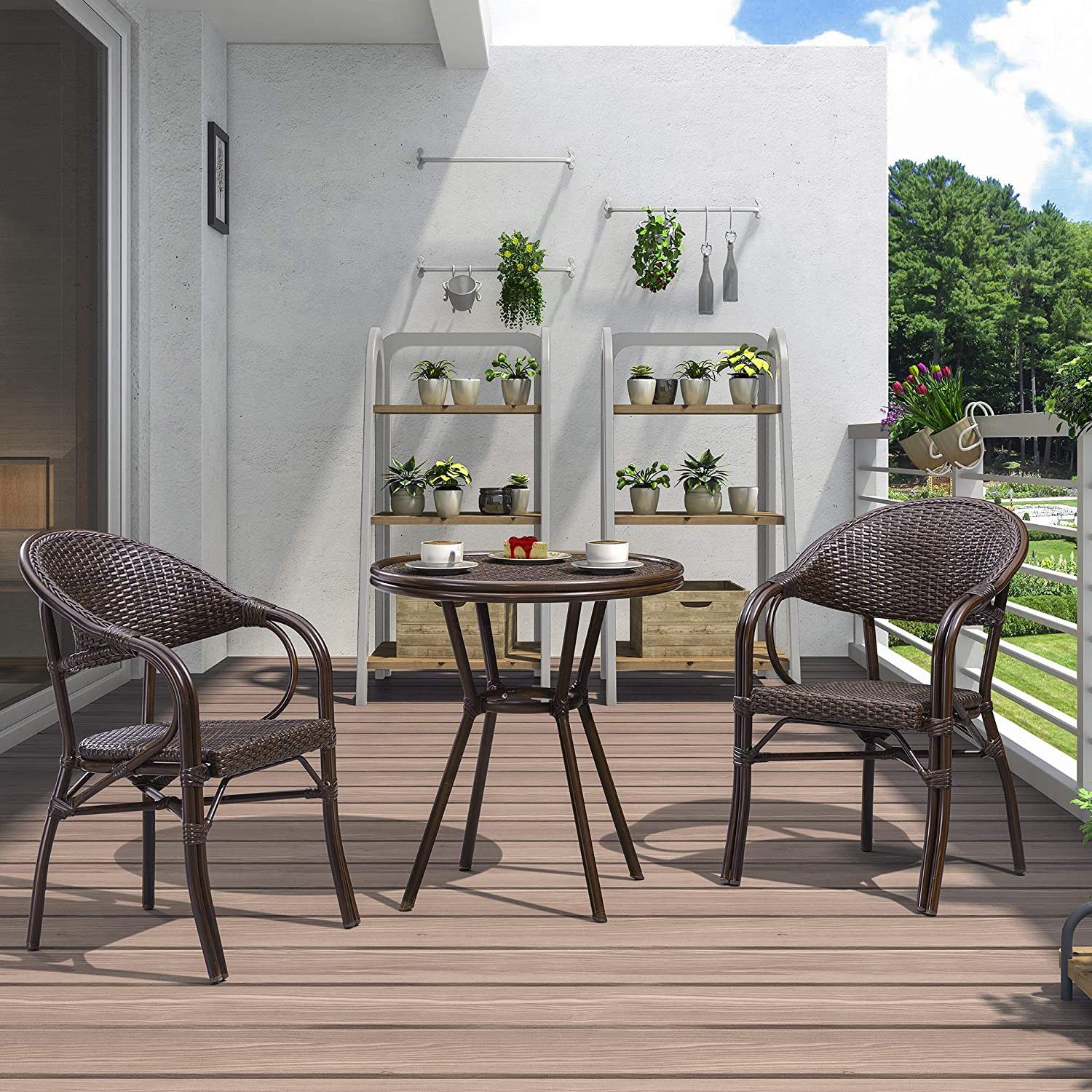 Set of 3 - Industrial Bistro Set, Armed Bistro Chair and Glass Top Table for Patio, Brown