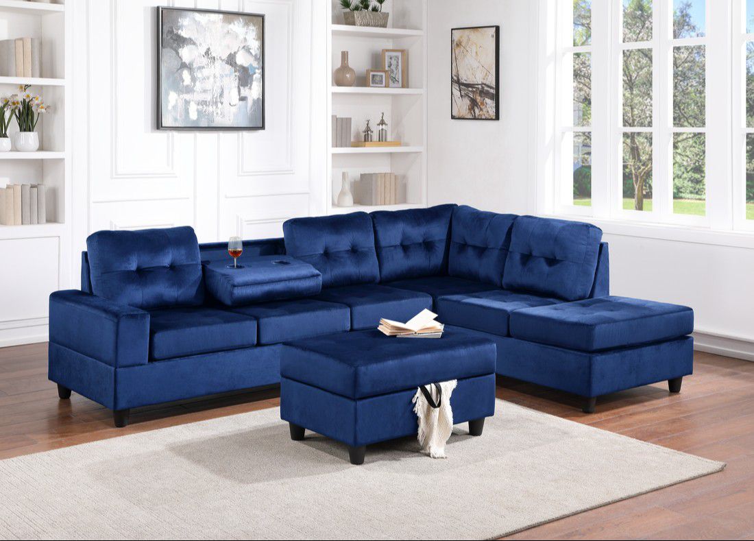 🔔Free DELİVERY🔔39 DOWN. Heights Blue Velvet Reversible Sectional with Storage Ottoman