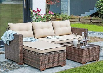 Conversation Set, PE Wicker/ Rattan Outdoor Furniture Set, 2 Ways Sectional Sofa Lounge& Love Seat w/ Cushions (Grey, Blue & Tan) Thumbnail