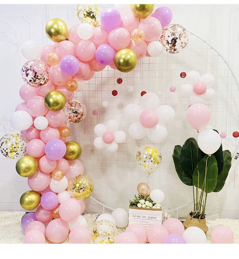 Pink Rose Gold Balloon Garland Arch Kit 119Pcs , Pink Confetti Balloons and 12 Inch Metal Gold Balloon Arch Suit are Suitable for Baby Shower Party Bi