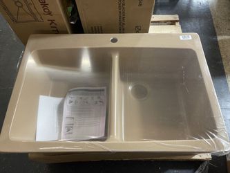 Mont Blanc Waterbrook Dual Mount Composite Granite 33 in. 1-Hole Double Bowl Kitchen Sink in Beige- #75104- OS Thumbnail