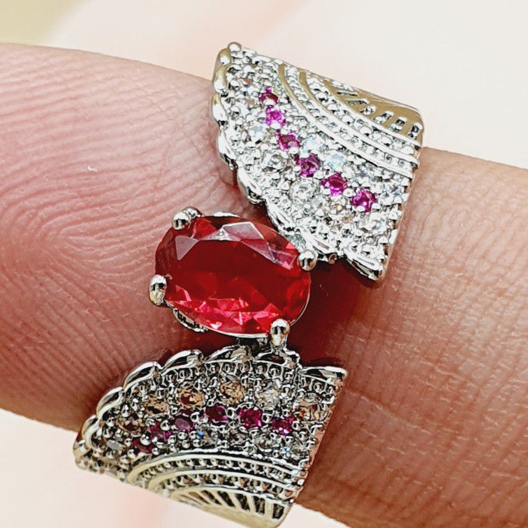 "Ethnic Oval Red Ruby Zircon Wings Vintage Silver Ring for Women, PD596
 