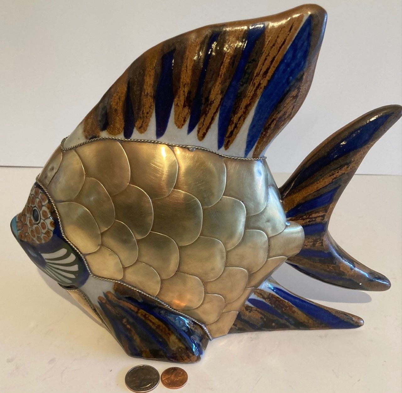 Vintage Bras and Porcelain Fish, Angel Fish, Large Size, Heavy Duty, 11" x 9 1/2" Quality, Home Decor, Table Display, Shelf Display, Really Nice