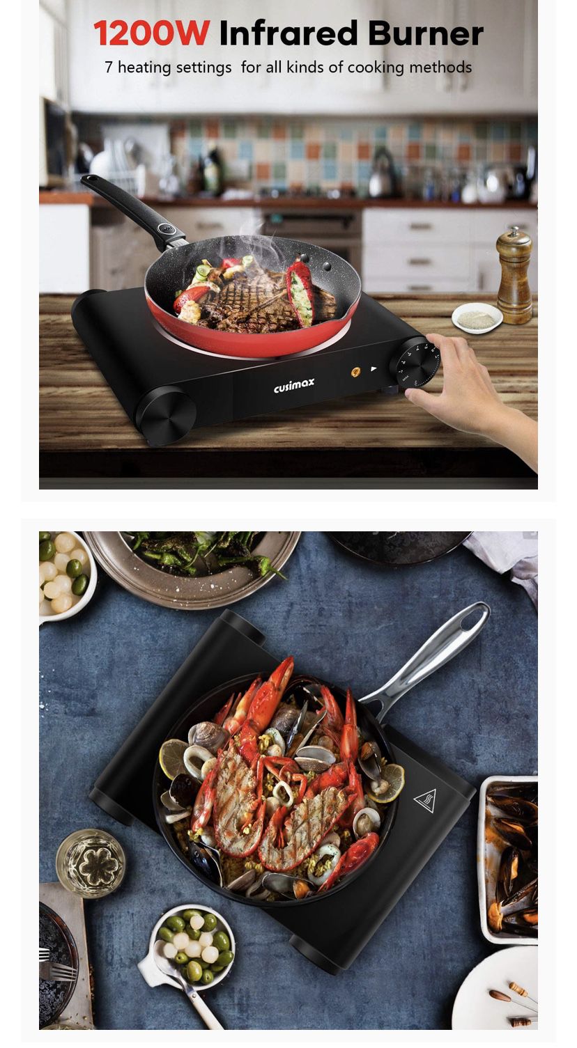 Single Burner 1200W, Infrared Electric Burner, Portable Stove Electric Cooktop, Ceramic Hot Plate, Easy to clean, Compatible with All Cookware