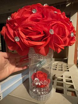 Floral Red & Crustal & Silver Centerpiece 12” Tall For Party  Thumbnail