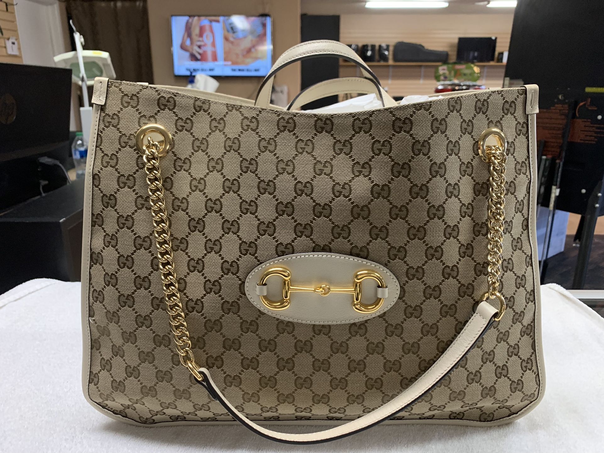 Gucci White GG Tote 1955 Horsebit