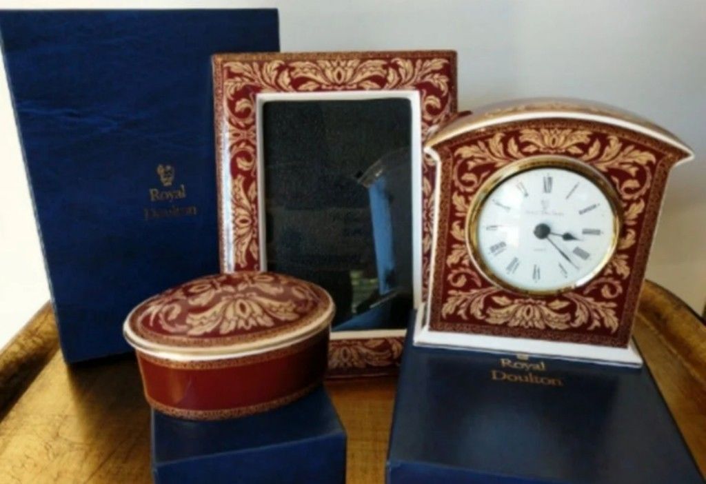 Royal Doulton Porcelain Trio- Frame, Clock And Keepsake Container