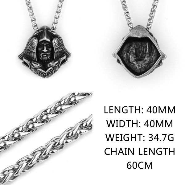 "Odin Head Crow Wolf Gothic Stainless Steel Pendant Necklace, GP1231226
 