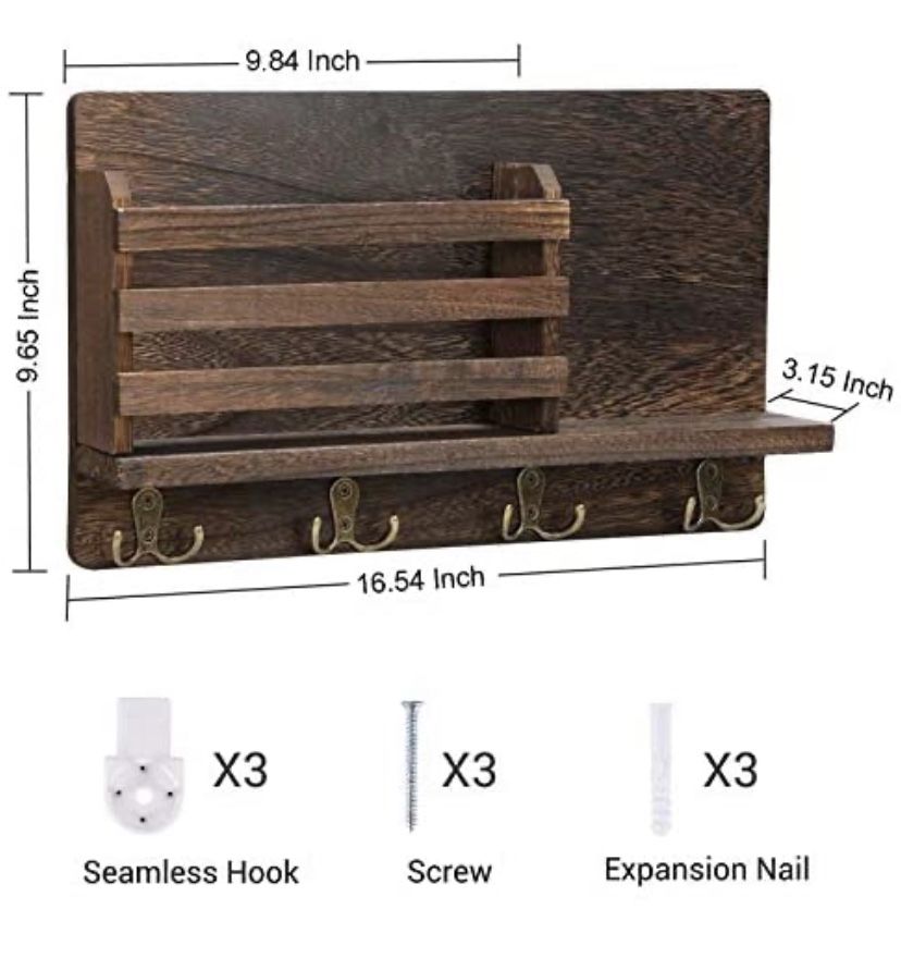 . Key Holder Mail Organizer, Wall Mount Mail Sorter Key Hook, Wooden Rustic Wall Decorative Key Rack with 4 Double Hooks & A Floating Shelf for Entryw