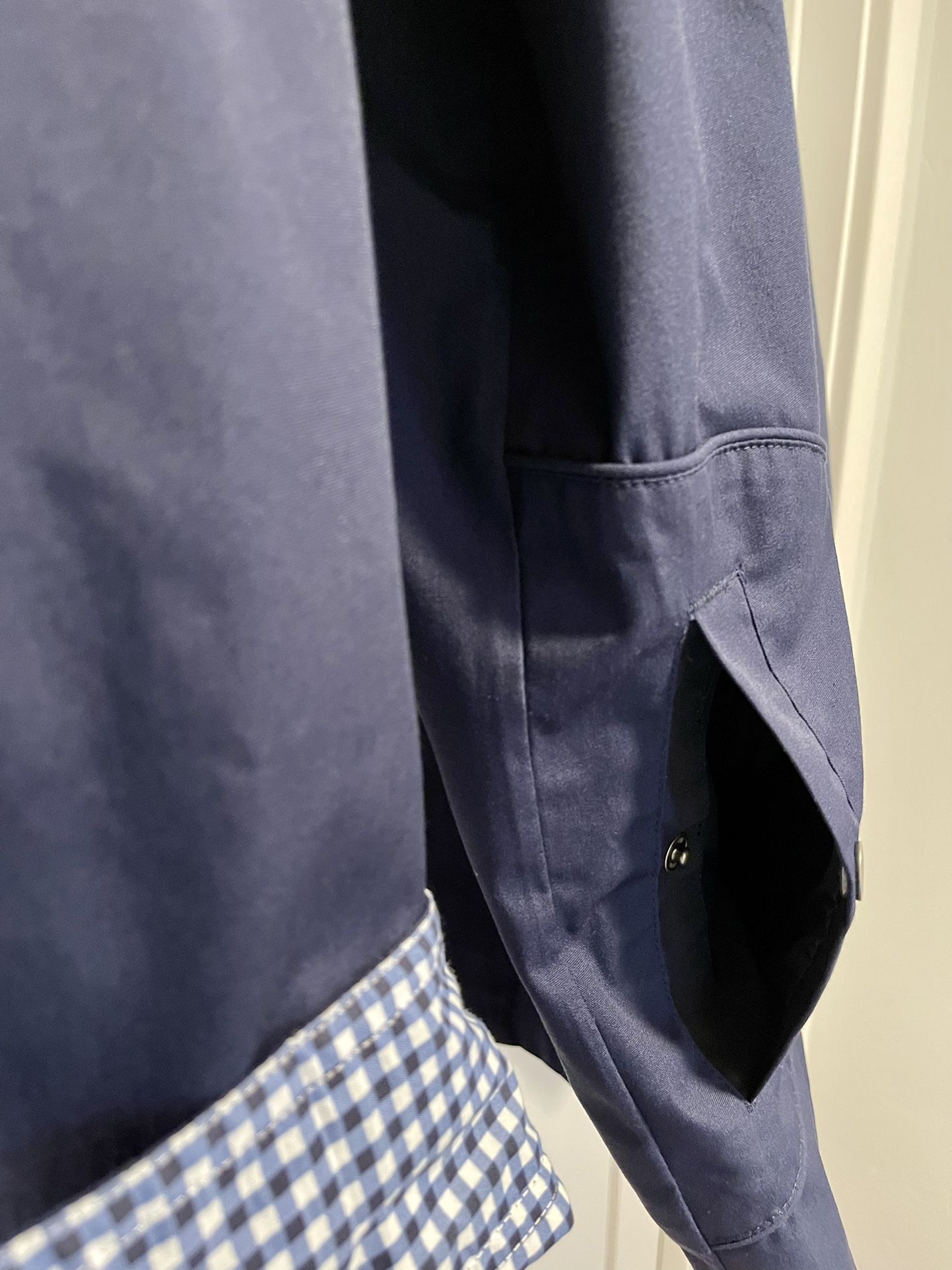 BLAIR Mens XXL Navy Blue Raincoat Jacket Hood Pockets Lining Zip Up Blue Check Cuffs