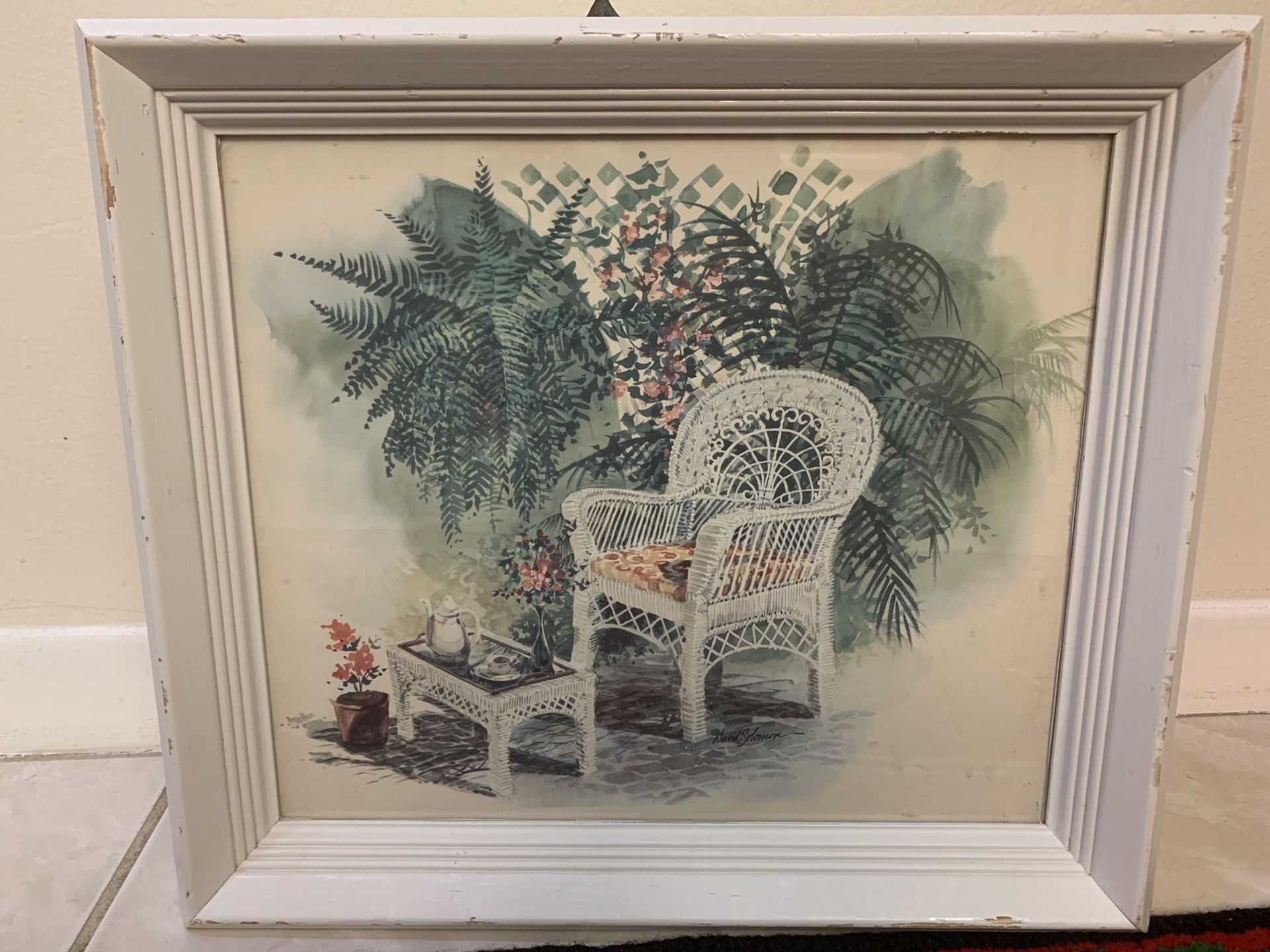 shabby chic framed print with rattan chair