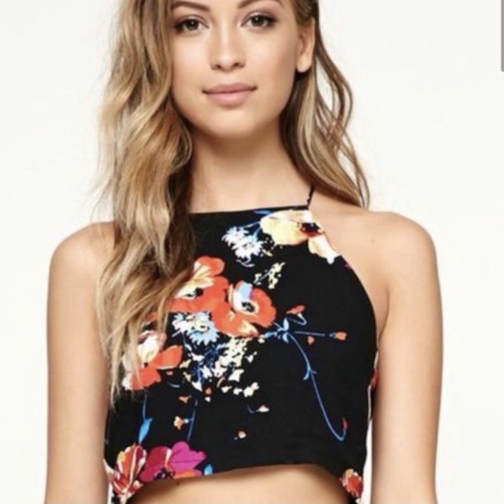 House of Harlow 1960 Floral High Neck Halter Crop Top | Small