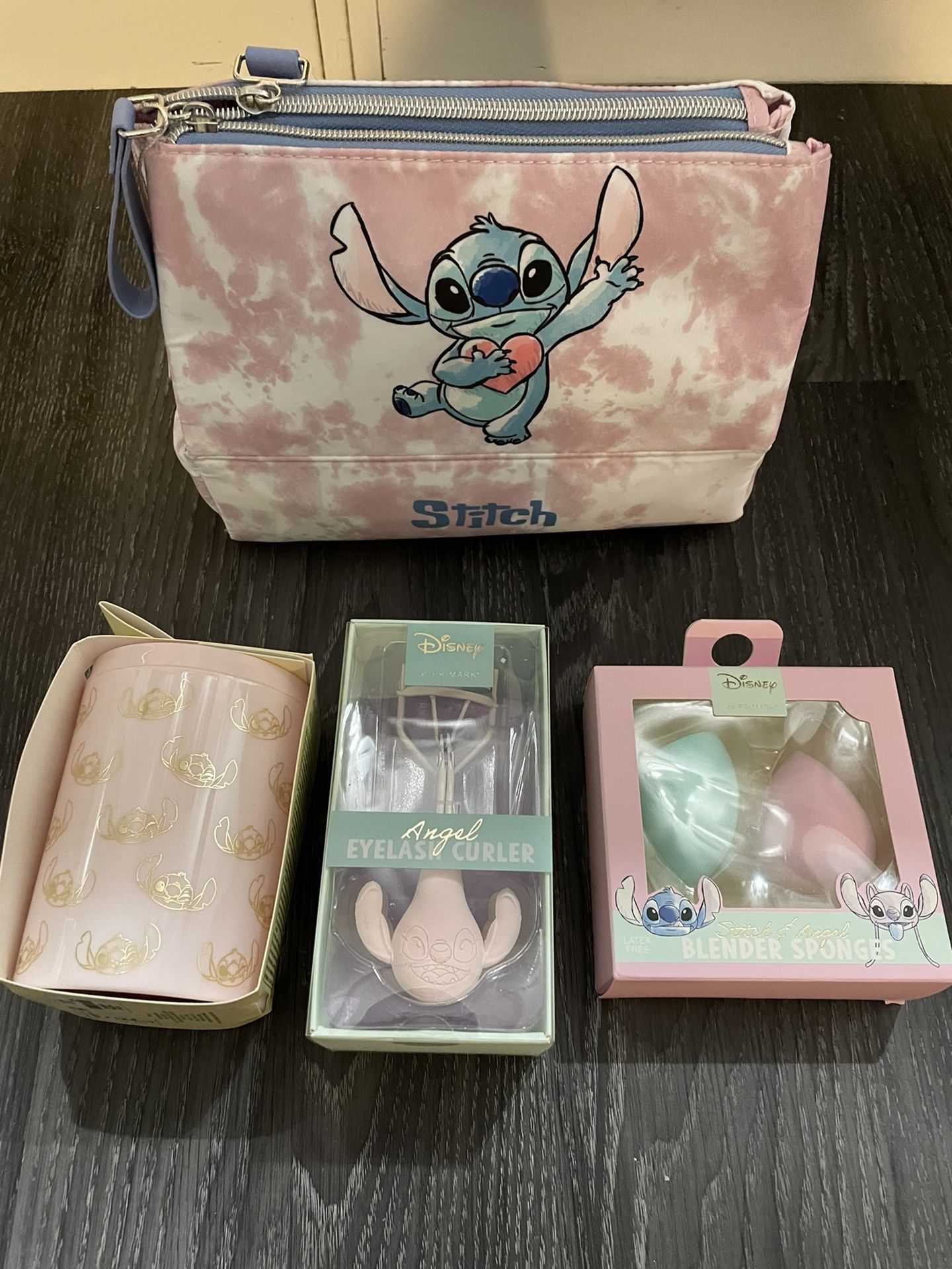 NWt Lilo And Stitch Makeup Bag, Eyelash Curler, Cotton Storage And Blender Sponger