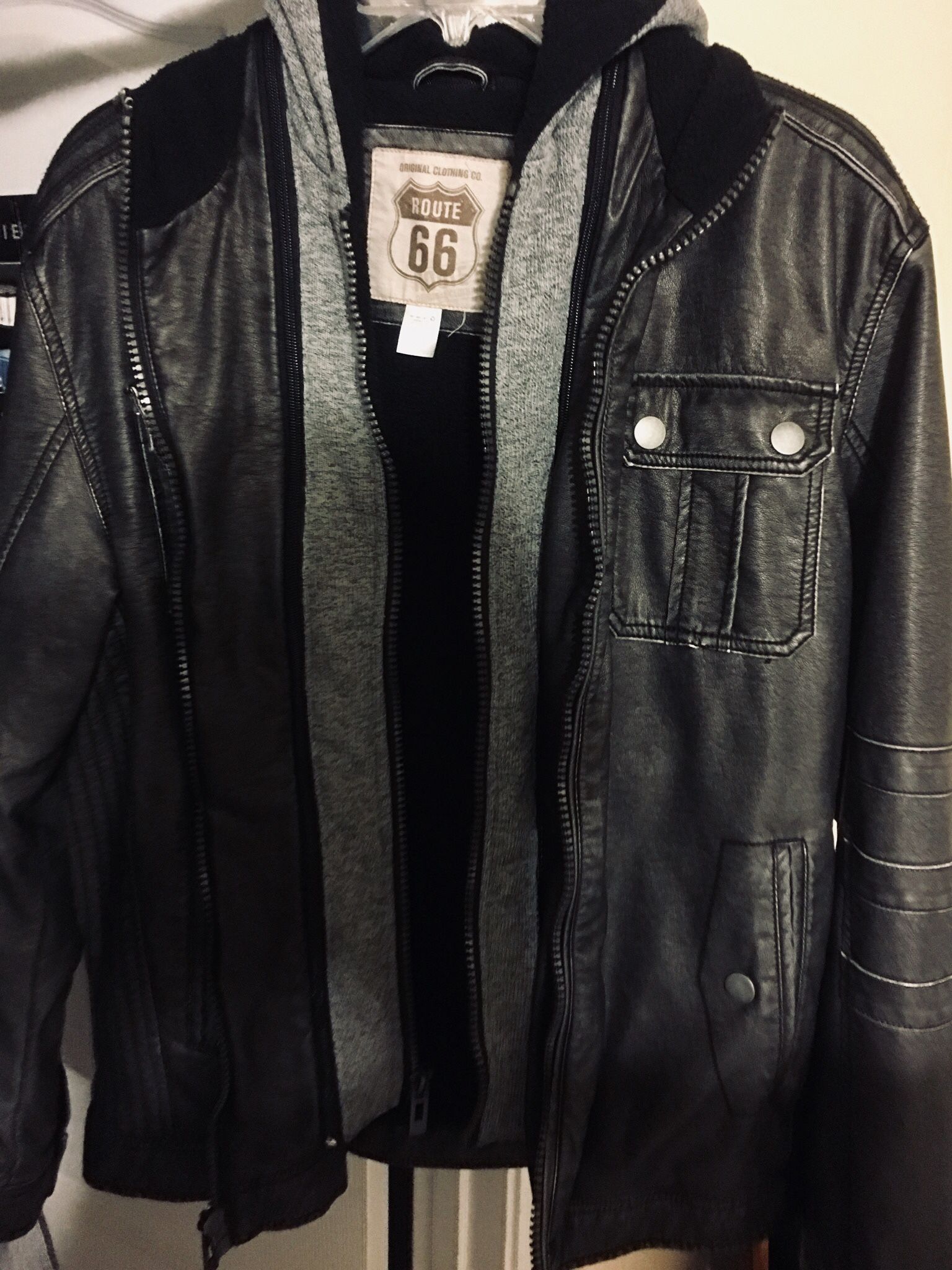 Route 66 Layered Zip-On Charcoal Grey Hooded Leather Men’s Coat Jacket