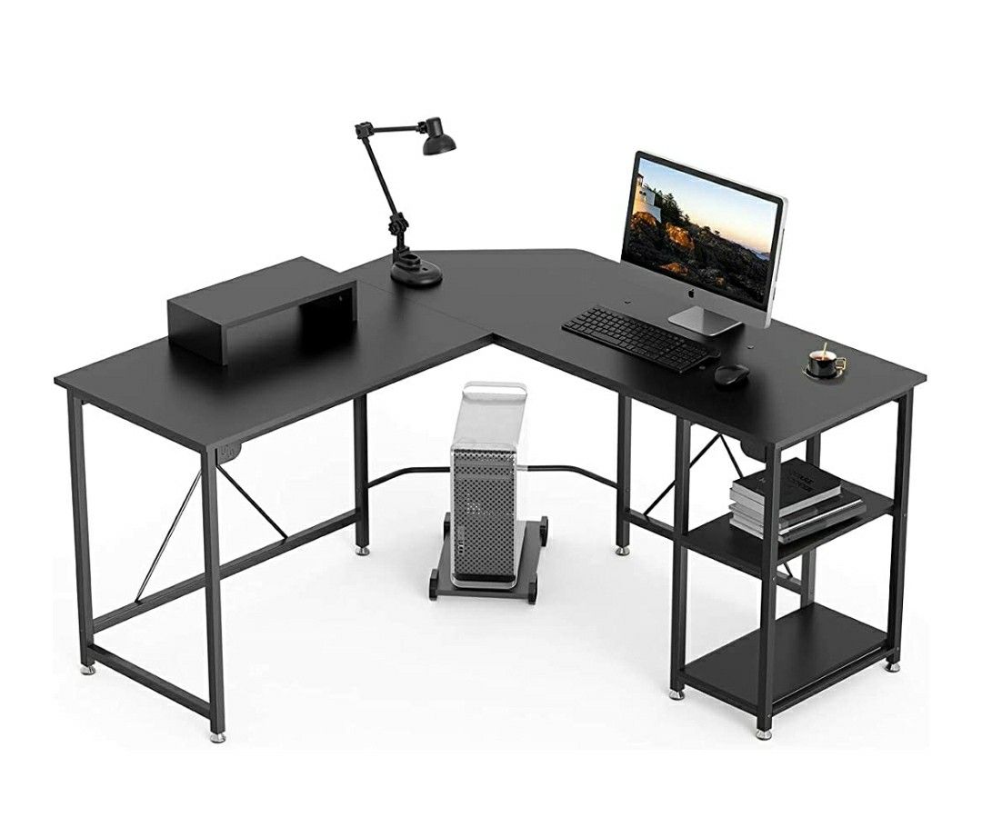 Sleek L Shaped Desk w/ Shelves (54.3’’) Computer Corner Desk Wood Metal Gaming Desk Table Home Office Workstation