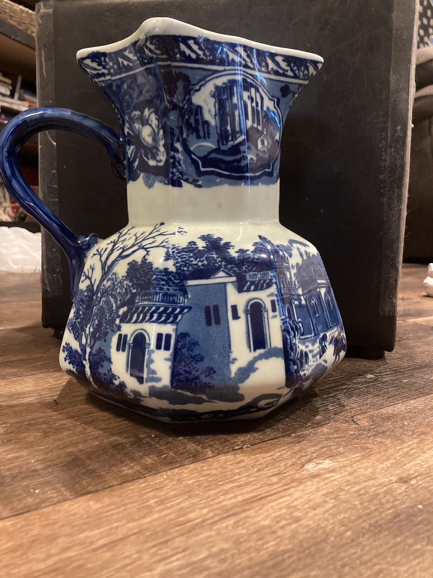Vintage Blue And White Ironstone Victoria Pitcher With Village Scene