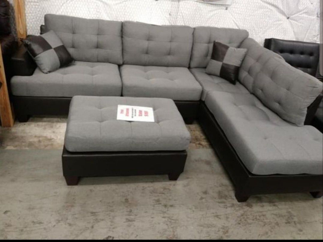 Brand New Grey Linen Sectional Sofa Couch + Ottoman 