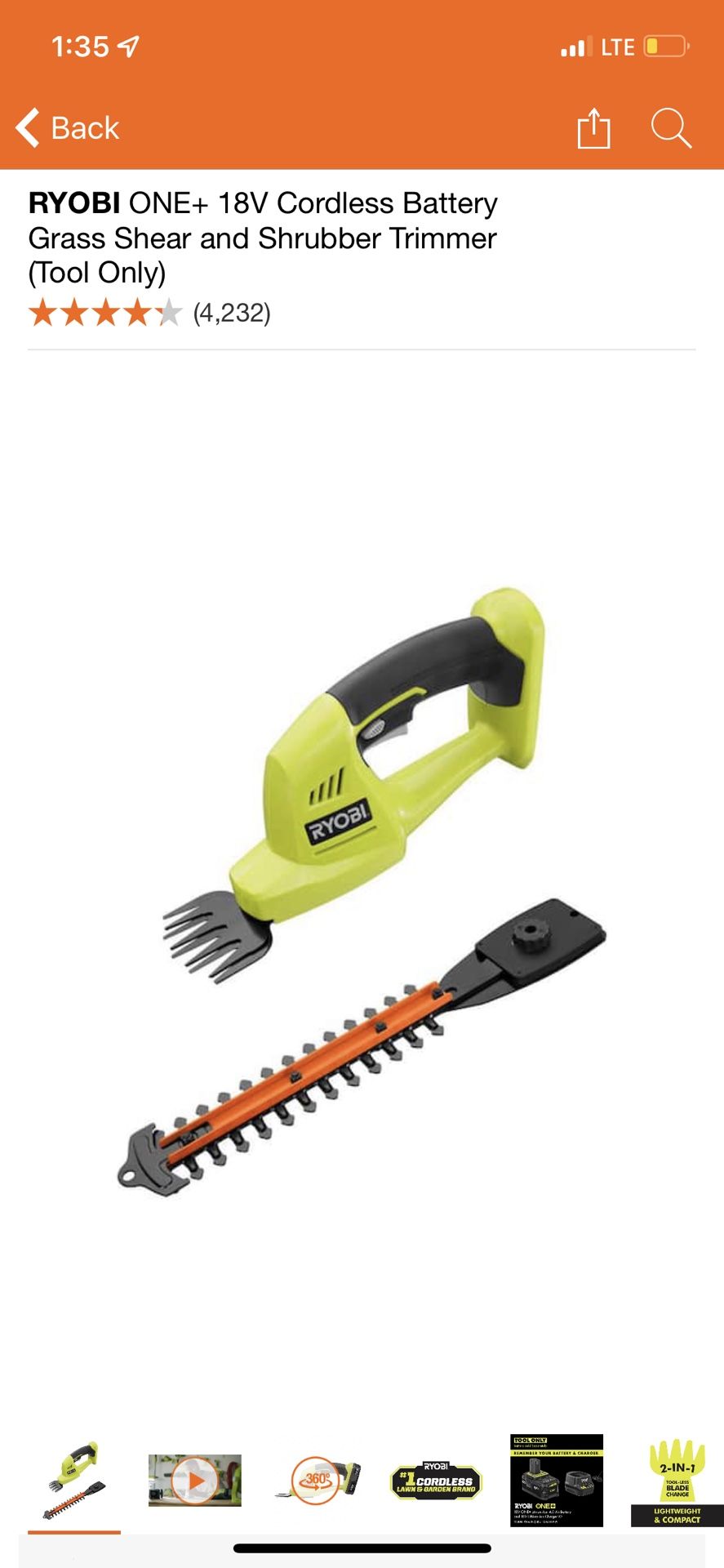RYOBI ONE+ 18V Cordless Battery Grass Shear and Shrubber Trimmer (Tool Only)