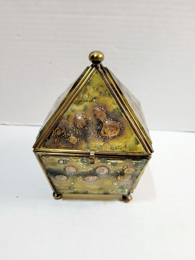 Vintage Stained Glass Jewelry Box/ Fused Art Glass Trinket Box 