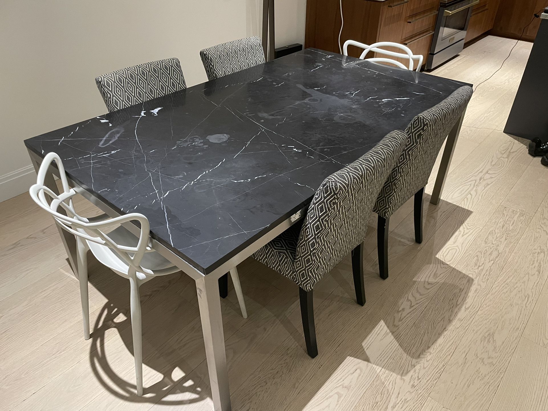Crate & Barrel Dining Table - Black Marble / Steel Base
