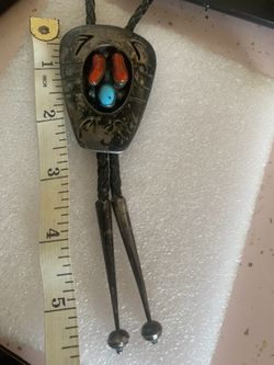Vintage Sterling Navajo Turquoise and Coral Bolo ,  Thumbnail