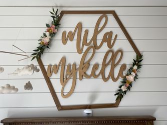 Wooden Wall Quote, 3 Gold Floral Rings And Wooden Octogon Wall Art (name Not Included) Thumbnail
