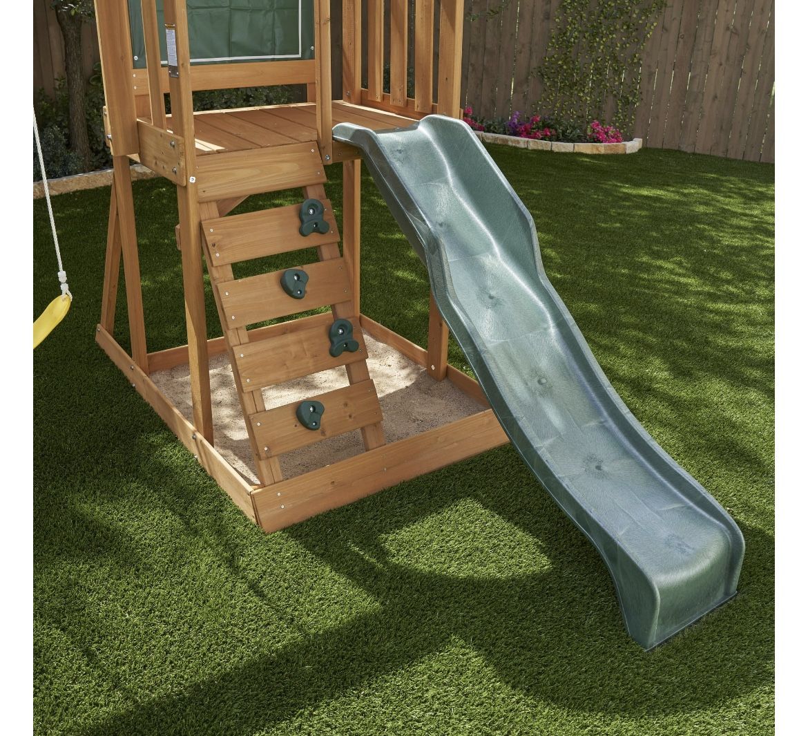KidKraft Ainsley Wooden Outdoor Swing Set with Slide, Chalk Wall, Canopy and Rock Wall