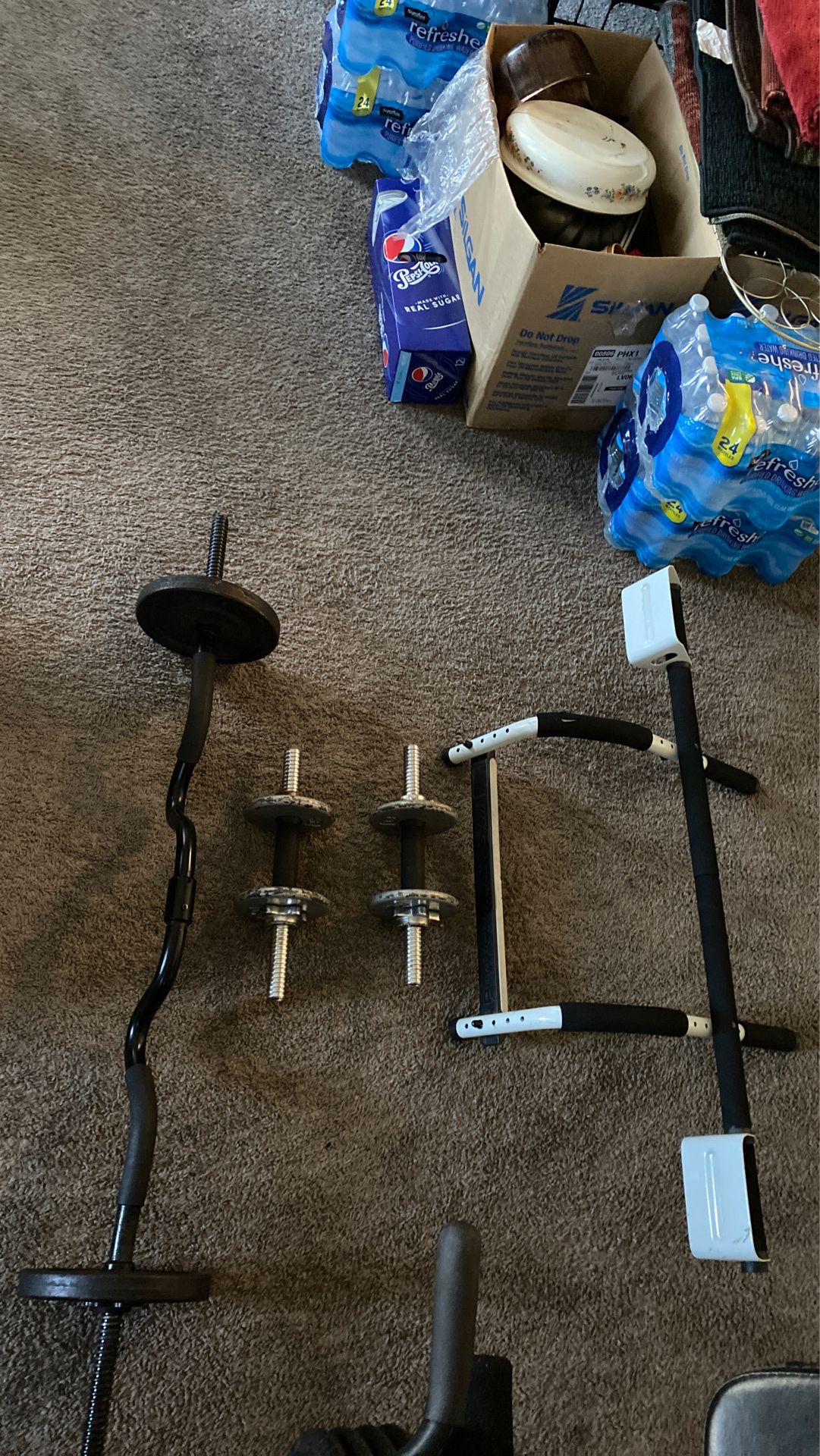 30 pounds in weight curl bar dumbbells adjustable and pull-up bar
