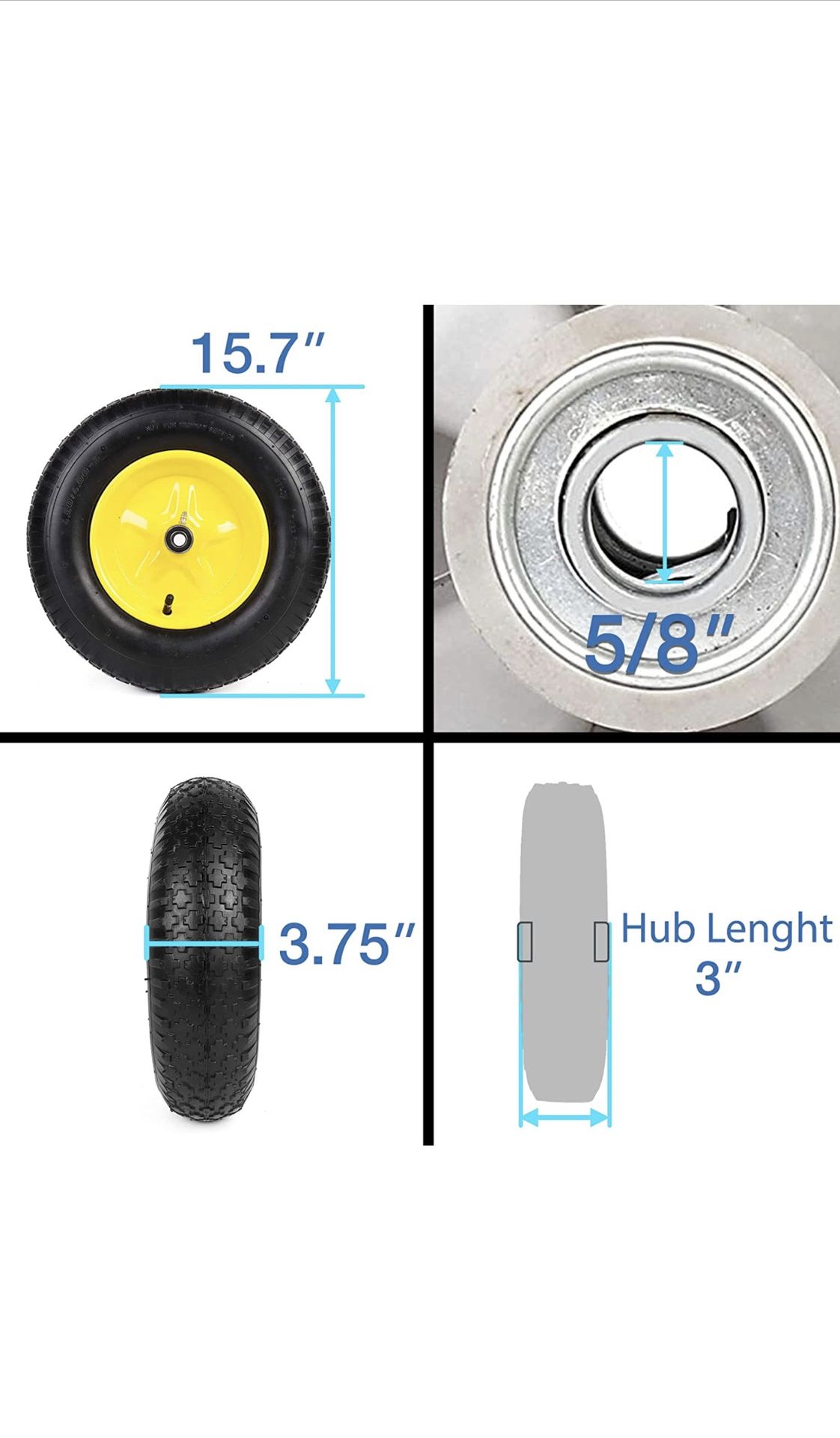 AR-PRO (2-Pack) 4.80/4.00-8" Tire and Wheel Set - Universal Replacement Utility Equipment Tubed Tire and Wheel,3" Hub, and 5/8" Ball Bearings