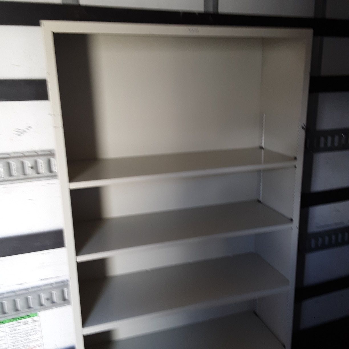 Shelving metal light weight...2 available...size. 34.5 Wide.m...12.5 Deep..81.25 Tall
