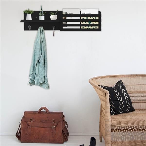 Wall Shelf and Mail Holder with 3 Hooks, 24-Inch by 6-Inch, Black