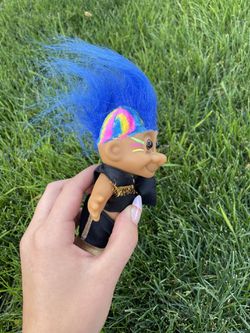 Russ Troll Doll Punk Rocker Vintage 1990s Blue Mohawk Rainbow Hair Guitar Rock Thumbnail