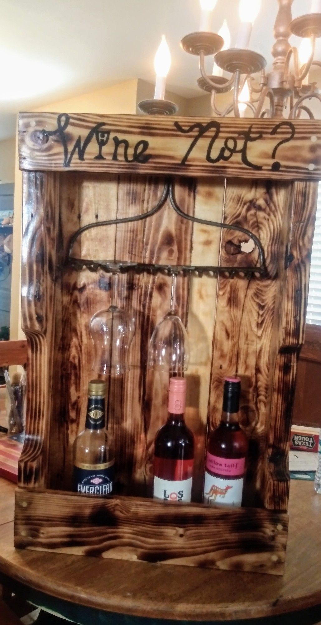 Wood wine and glass holder.
