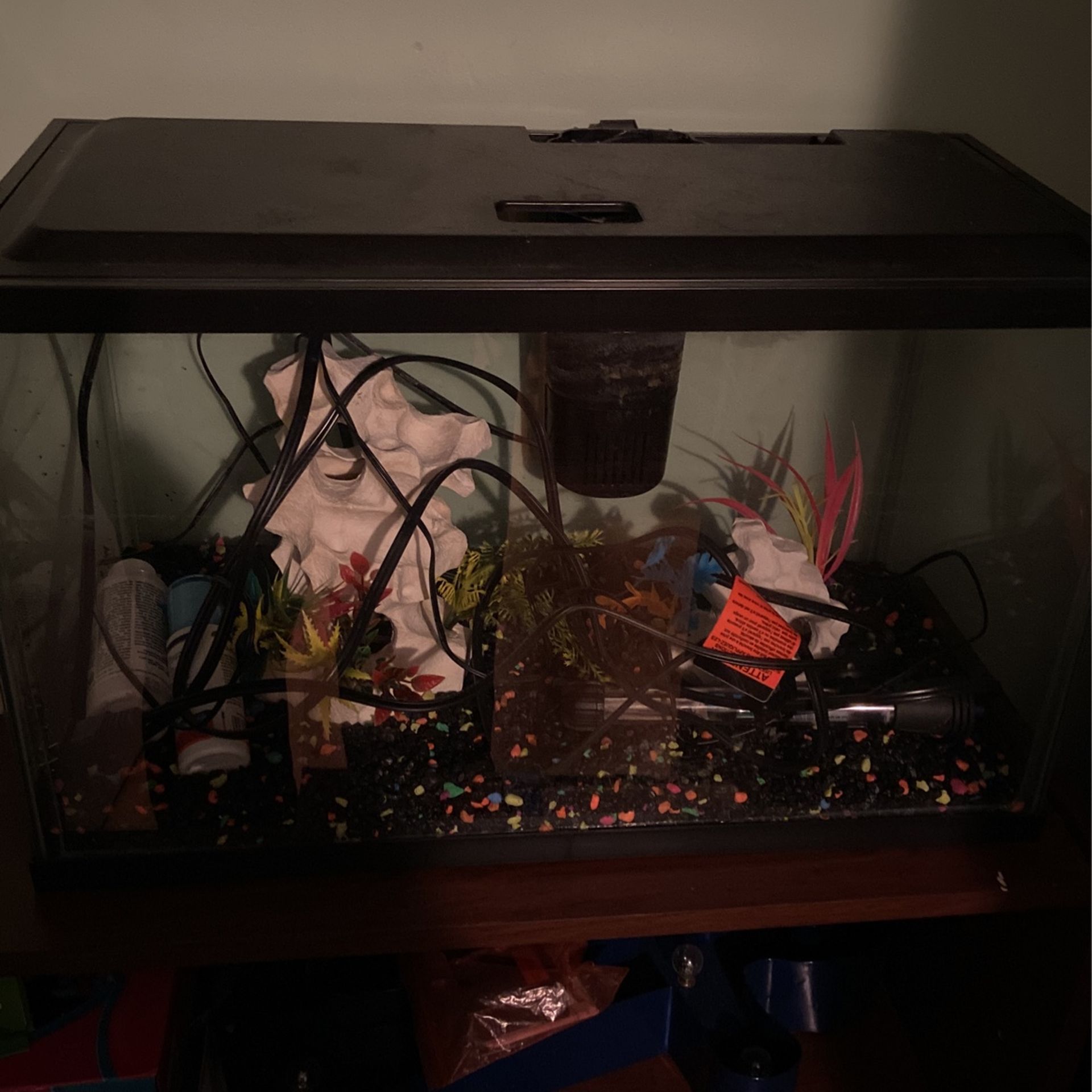Fish tank With Filter , Heater, Lights, Pebbles, Decor
