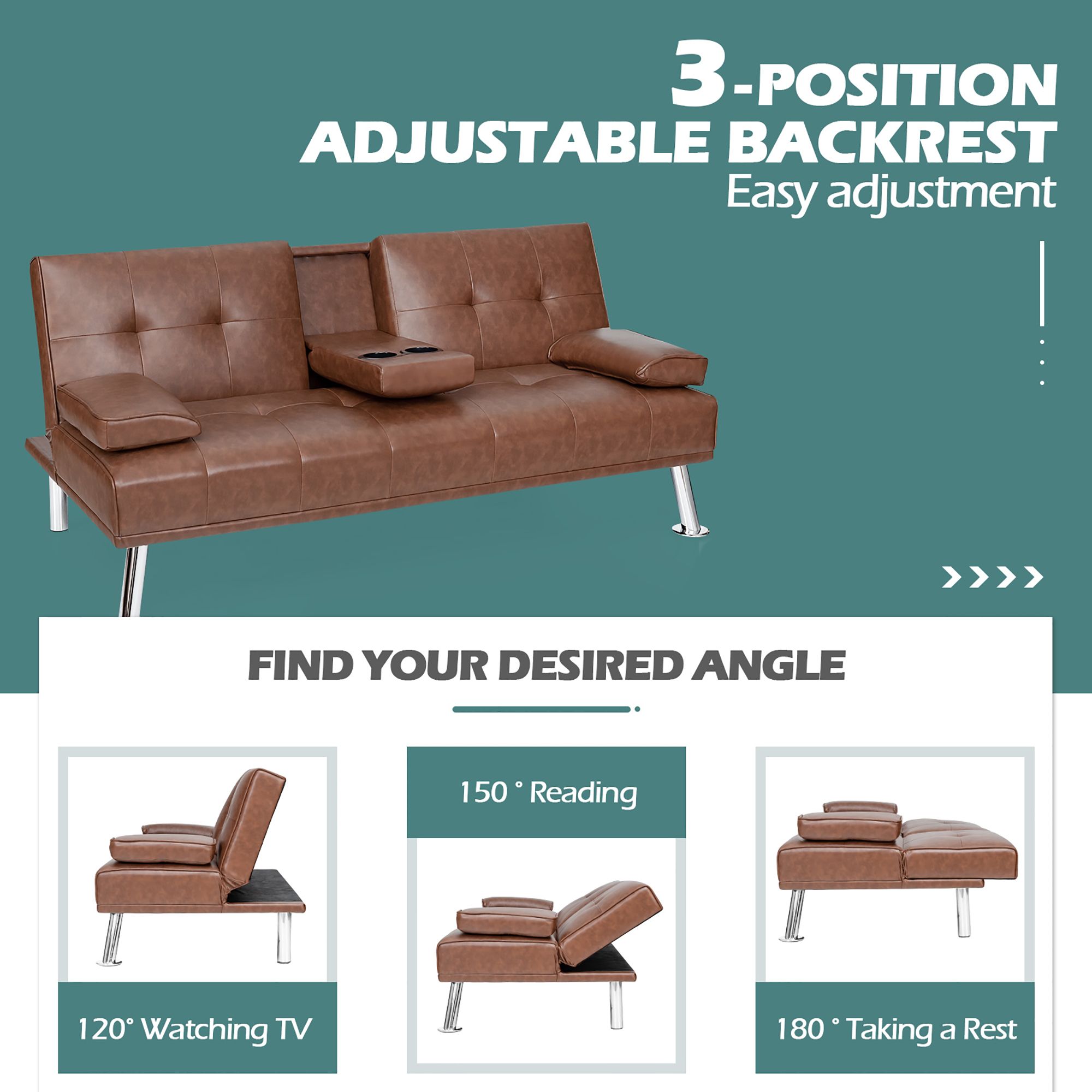 Costway Convertible Folding Futon Sofa Bed Leather w/Cup Holders&Armrests Brown