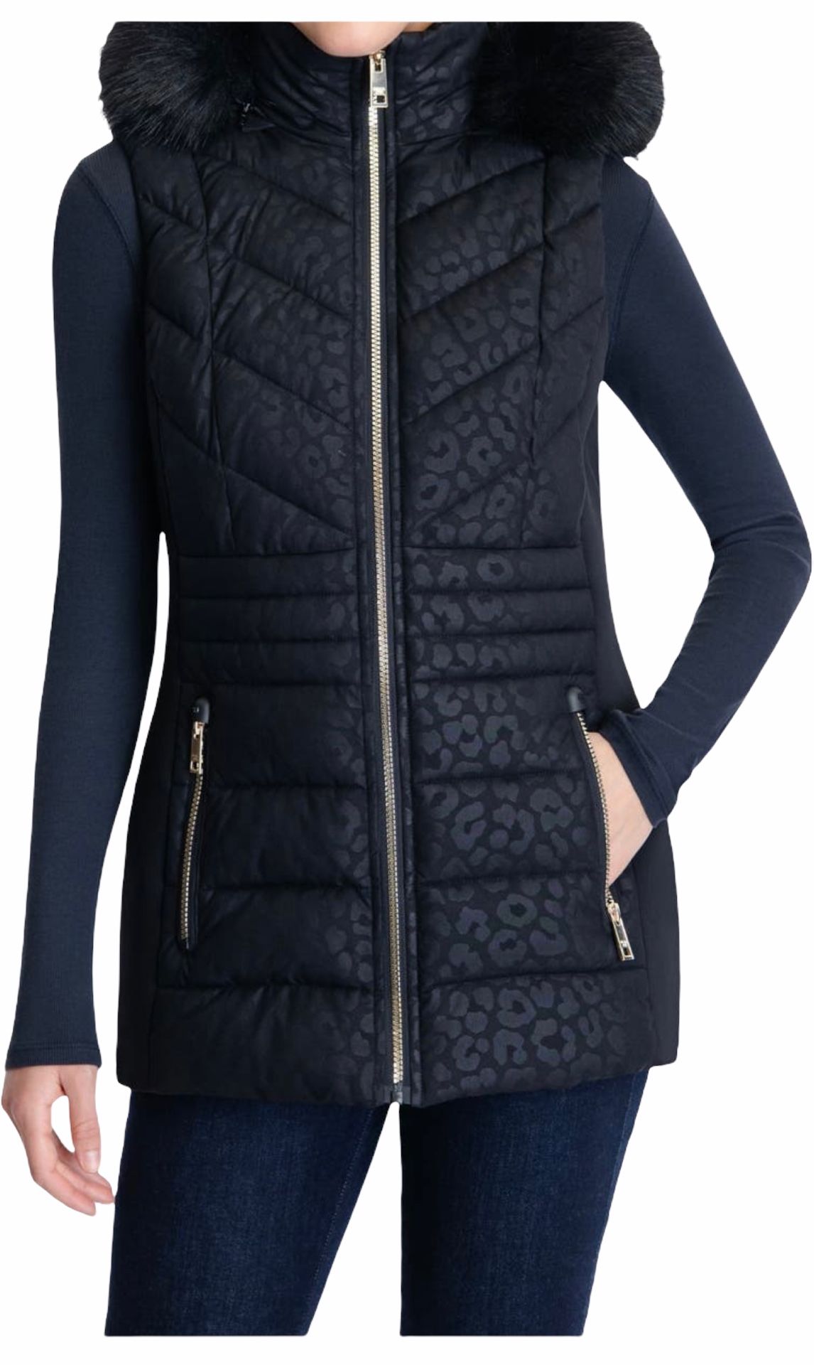 NWT Michael Kors Faux Fur Trim Hooded Short Embossed Vest