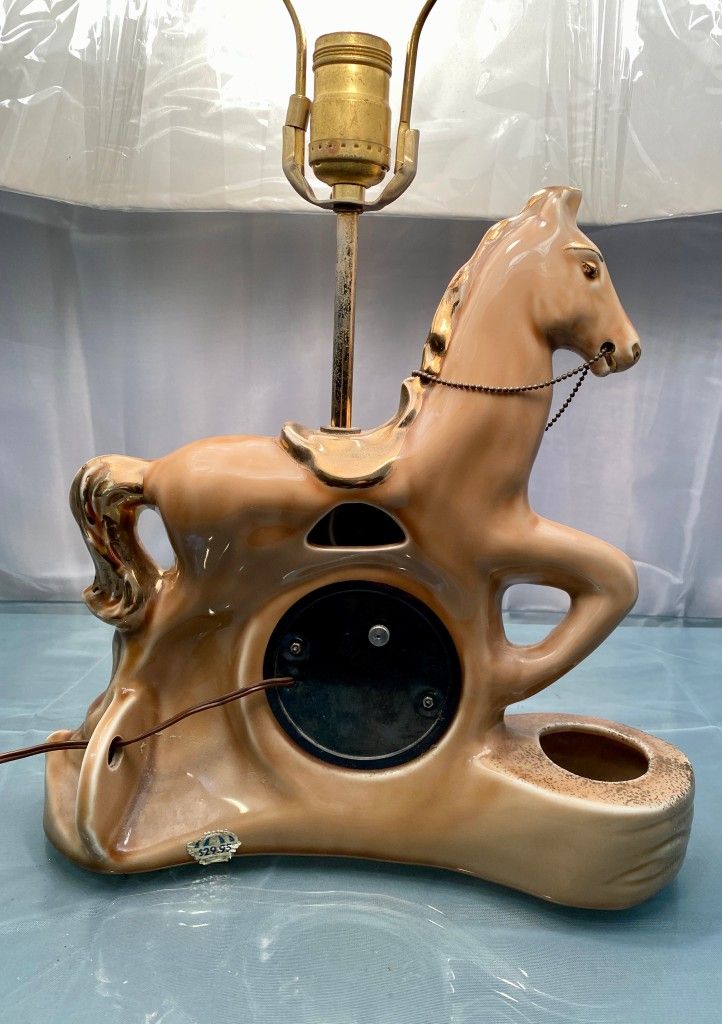Vintage 50s Ceramic Horse Clock/Lamp w Like New Shade