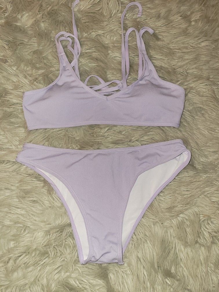 Romwe Lilac Ribbed Bikini, Top And Bottom