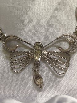 Butterfly Necklace Sterling Silver with beautiful yellow sapphire stones -10" long . Thumbnail