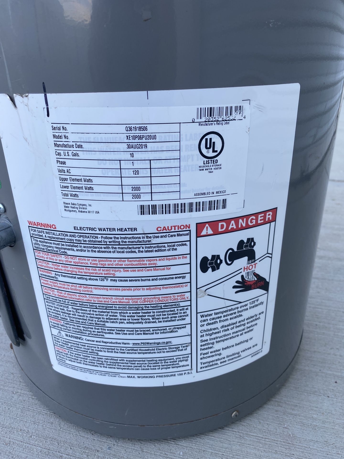 Electric 10 gallon water heater